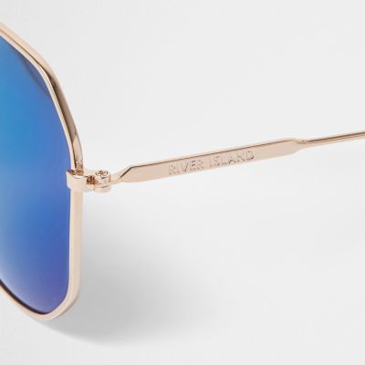 Gold blue tone angular aviator sunglasses
